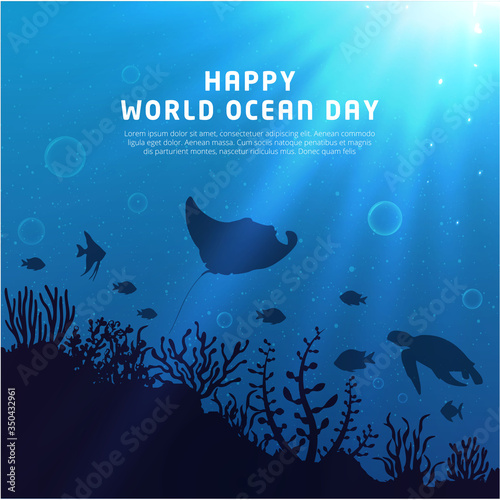 Happy World oceans day background with underwater ocean, shinny light coral, sea plants, stingray and turtle.