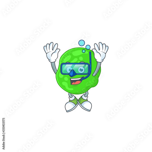 cartoon drawing concept of sarcina ventriculli wearing cool Diving glasses ready to swim