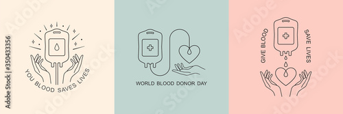 Blood donation vector logo in minimal linear style, illustration isolated on white background