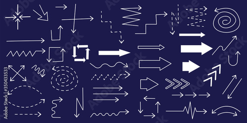 White drawn arrows. Vector image of pointers drawn in chalk or pencil. Stock Photo.