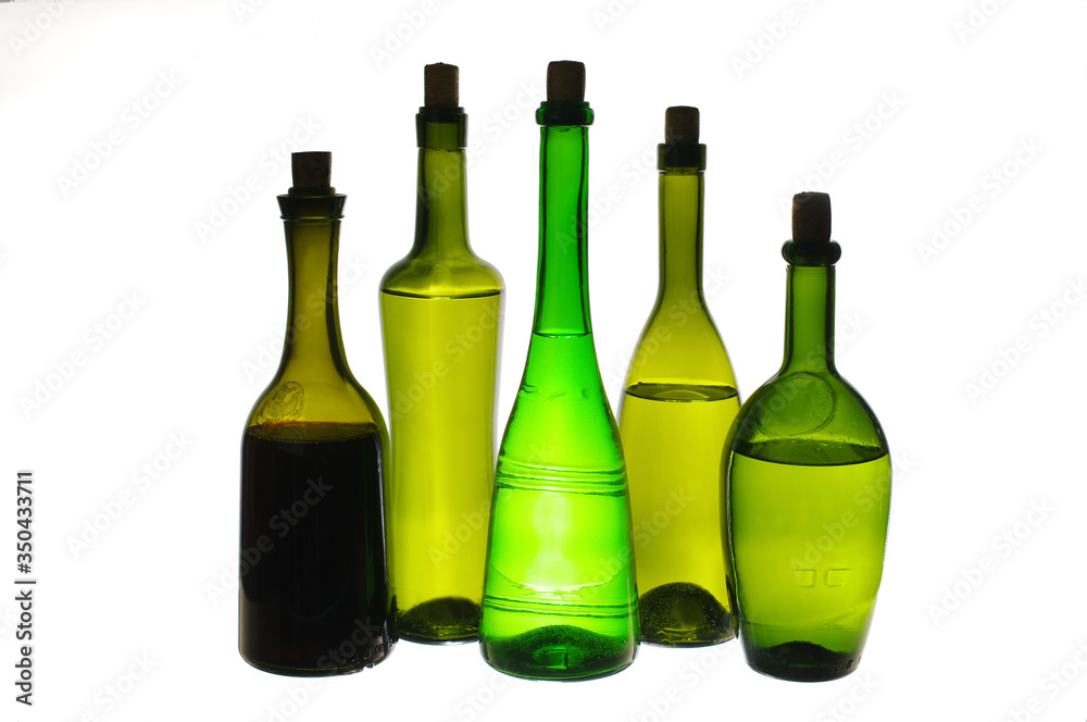 Five bottles with wine and drinks. Isolated on white. Five bottles with wine and drinks. Isolated on white.