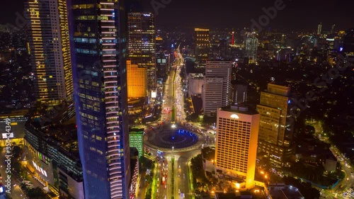 jakarta city night illumination jakarta city main traffic street fountain circle aerial panorama 4k indonesia  photo