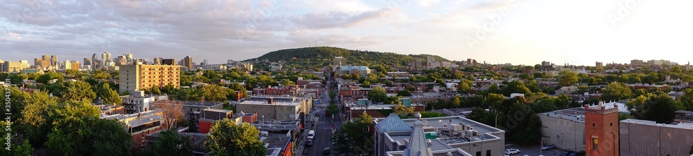 Wide view from the 10th floor of Mont Royal, the Plateau area, the Ville Marie area, and Down-Town. The north-east side of mount Royal. Perspective of Rachel street towards the mountain.