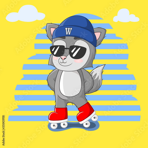 Cute little wolf with roller skates