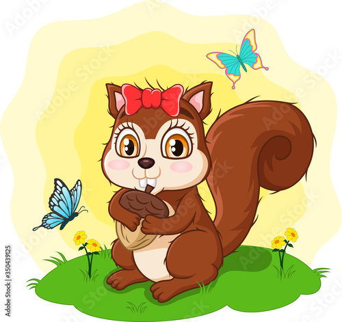 Cute cartoon squirrel holding acorn