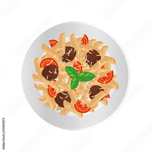 penne pasta with meatballs tomato grated cheese on plate on white background top view