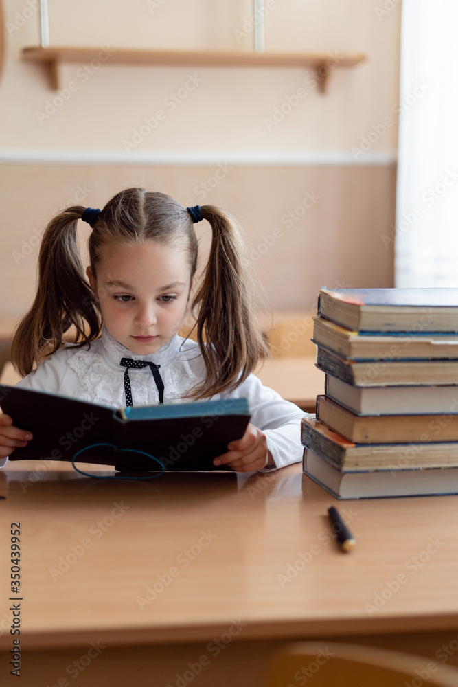 The student looks in the diary. Little girl is studying at school. The child at the desk. A stack of books and study. The student looks in the diary. Little girl is studying at school. The child at the desk. A stack of books and study.