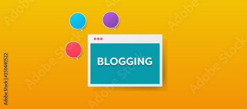 Blogging text on website layout with chat bubbles and yellow background. Social media and blog post conceptual banner.
