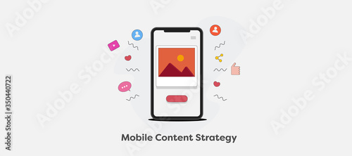 Mobile content strategy, social media app for smartphone, engaging audience via digital media marketing. Internet and technology web banner.