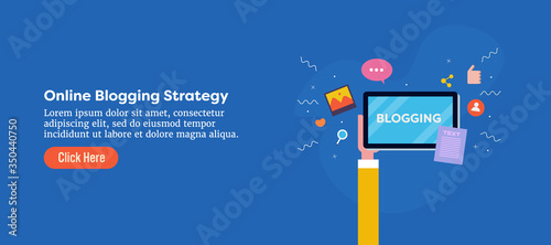 Blogging word displaying on tablet screen, social media content, online blogging strategy for audience engagement. Flat design web banner, internet marketing concept.