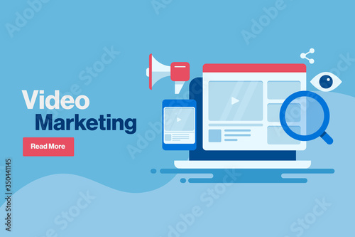Video content on laptop and mobile device, video promotion on social media, audience engagement technology concept. Web banner with video marketing text & button.