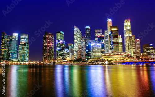 Singapore Downtown City Business District Skyline at Sunset Blue Hour
