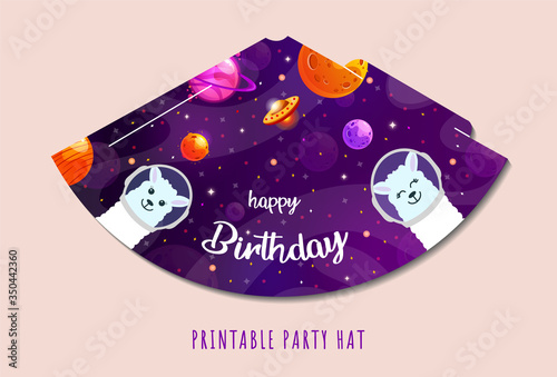 Party hats printable. Space explorer. Print and cut. Happy birthday elements. Vector set of cones template to head for holiday.
