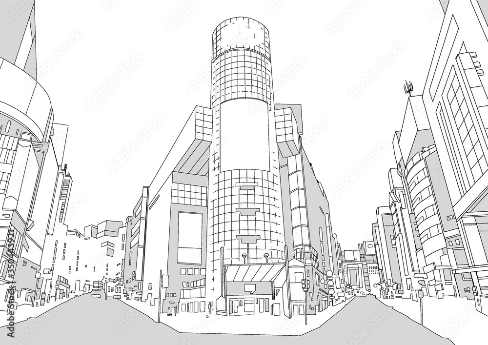漫画背景の線画です。渋谷のような繁華街。シンプルな線画。