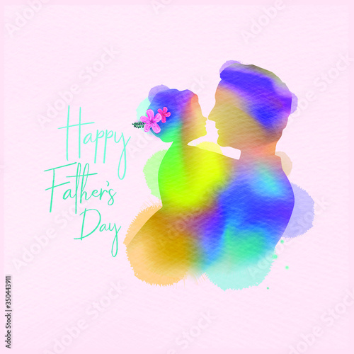 Happy father's day. Side view of Happy family daughter hugging dad silhouette plus abstract watercolor painted. Double exposure illustration. Digital art painting. Vector illustration.