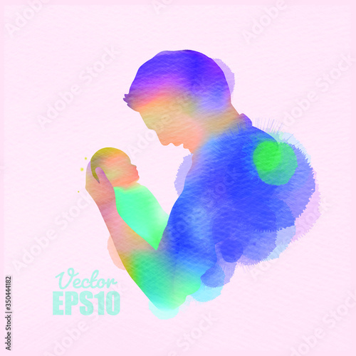 Happy father's day. Side view of Happy family father holding a newborn baby silhouette plus abstract watercolor painted. Double exposure illustration. Digital art painting. Vector illustration.
