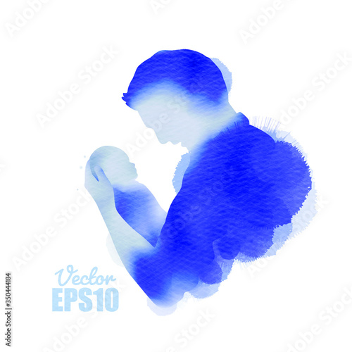 Happy father's day. Side view of Happy family father holding a newborn baby silhouette plus abstract watercolor painted. Double exposure illustration. Digital art painting. Vector illustration.