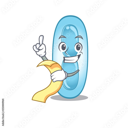 Klebsiella pneumoniae mascot character style with a menu on his hand