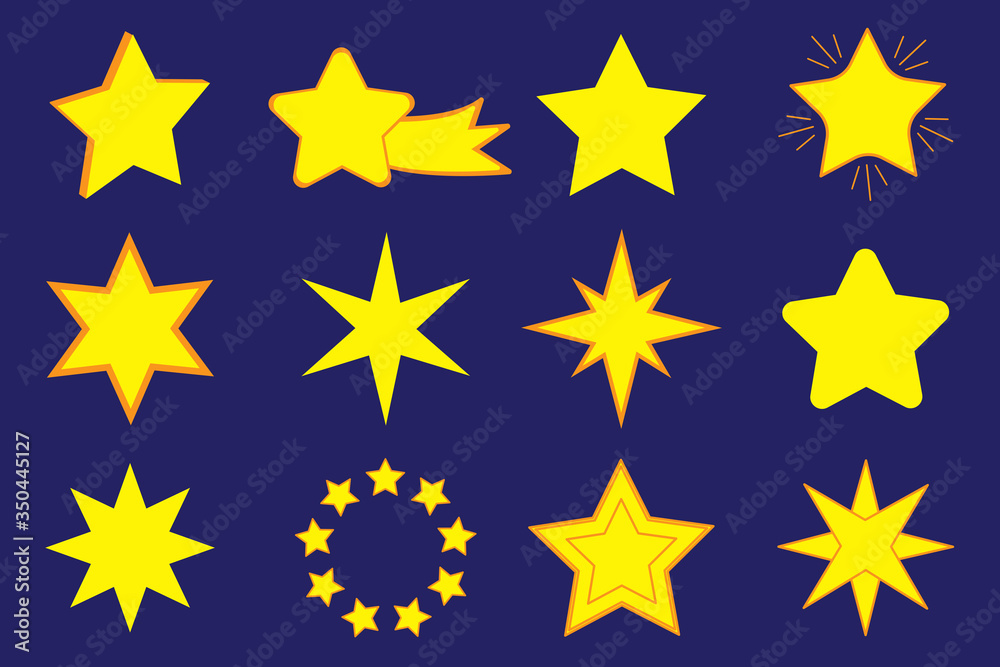Stars in the game style of the cartoon. Vector ui icons interface. Gold, glossy star shape. Stock image. Stars in the game style of the cartoon. Vector ui icons interface. Gold, glossy star shape. Stock image.