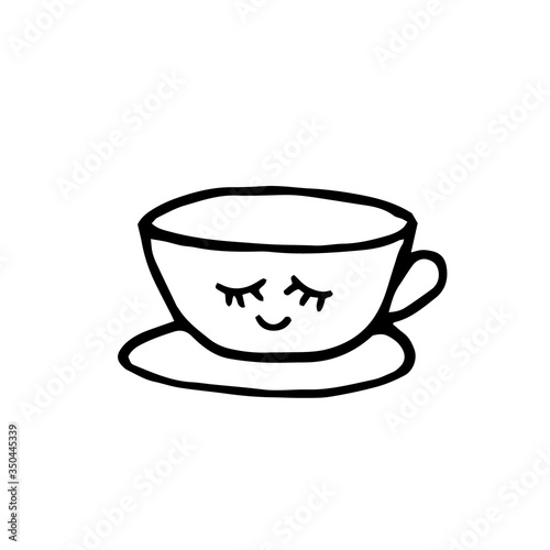 cup with eyes and smile and saucer hand drawn element in doodle style. vector scandinavian monochrome minimalism. tea, coffee, kitchen, comfort, cafe, drink, menu, icon cute