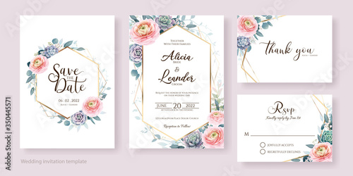 Floral wedding Invitation, save the date, thank you, rsvp card Design template. Ranunculus flower and succulent. Vector.