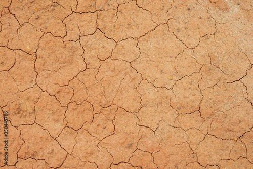 Nature background of cracked dry lands. Natural texture of soil with cracks. Broken clay surface of barren dryland wasteland close-up. Full frame to terrain with arid climate. Lifeless desert on earth