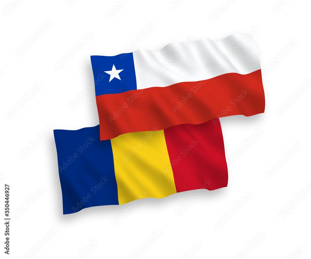 National vector fabric wave flags of Romania and Chile isolated on white background. 1 to 2 proportion.