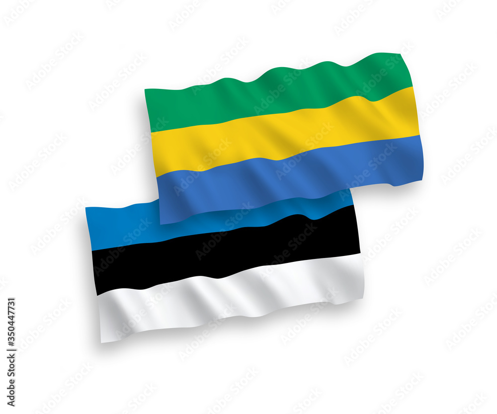 Obraz premium National vector fabric wave flags of Estonia and Gabon isolated on white background. 1 to 2 proportion.