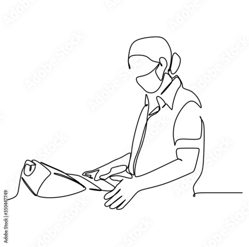 A woman in protective mask while working with a cash register as a cashier. Continuous single line drawing vector illustration
