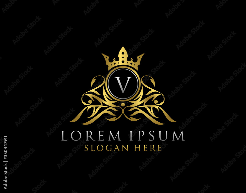 Luxury Boutique V Letter Logo.Classy gold floral badge design  for Royalty, Letter Stamp, Boutique,  Hotel, Heraldic, Jewelry, Wedding.