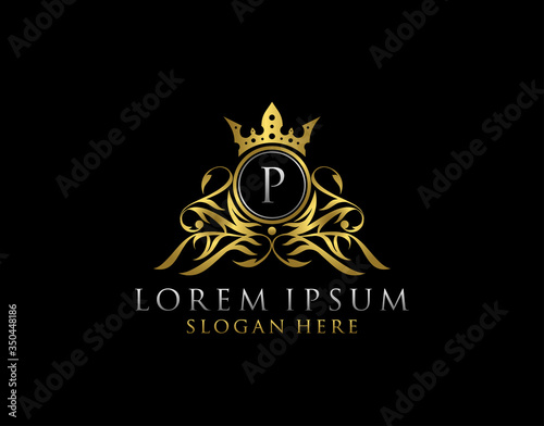 Luxury Boutique P Letter Logo.Classy gold floral badge design for Royalty, Letter Stamp, Boutique, Hotel, Heraldic, Jewelry, Wedding.