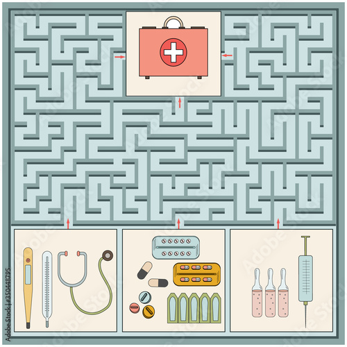 Maze puzzle on the theme of medicine, color vector illustration, flat style, education, development, children's book design