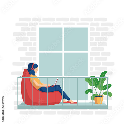 A young woman in home clothes is sitting in a bag with a laptop on the balcony. The concept of remote work from home, distance learning, programming, freelancer. Vector illustration in a flat style.