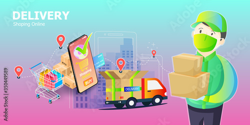 Digital marketing Vector illustration of shopping online on website mobile phone use as background business technology e-commerce marketing online delivery service, shop order tracking, city logistics