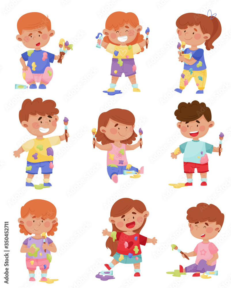 Playful Children in Stained Clothes Holding Paintbrushes and Paints Vector Illustrations Set Playful Children in Stained Clothes Holding Paintbrushes and Paints Vector Illustrations Set