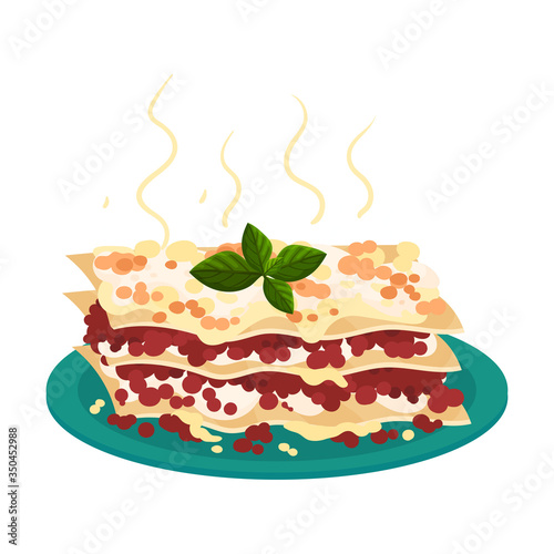 Lasagne Served on Plate and Garnished with Kitchen Herb Vector Illustration