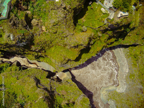 drone aerial view of san martin canyon in banos de agua santa ecuador perpendicular shot over the subject