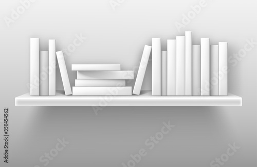 White bookshelf mockup  books on shelf in library  home  school or office interior. Volumes with blank paperback stand in row and lying in pile on rack hanging on wall  realistic 3d vector mock up