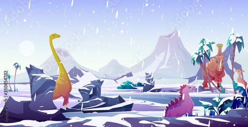 Dinosaurs in ice age. Animals extinction by cold in arctic winter. Vector cartoon prehistoric landscape with snow, frozen water and dino characters, ancient reptiles