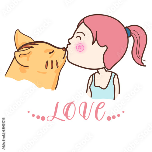 Cute cat kiss young girl, lovely bonding and relationship between animal and human.