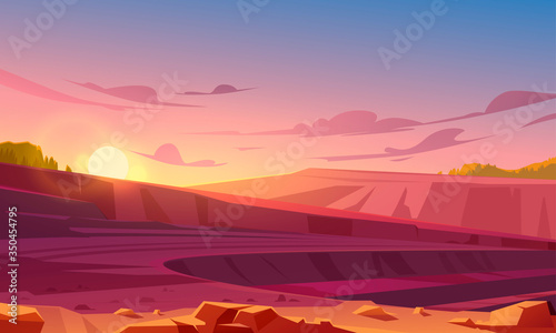 Landscape with mining quarry at sunset. Opencast mine with rubble  sand or marble. Vector cartoon illustration of ore extraction open cast  digging pit in rock  earth or sandstone
