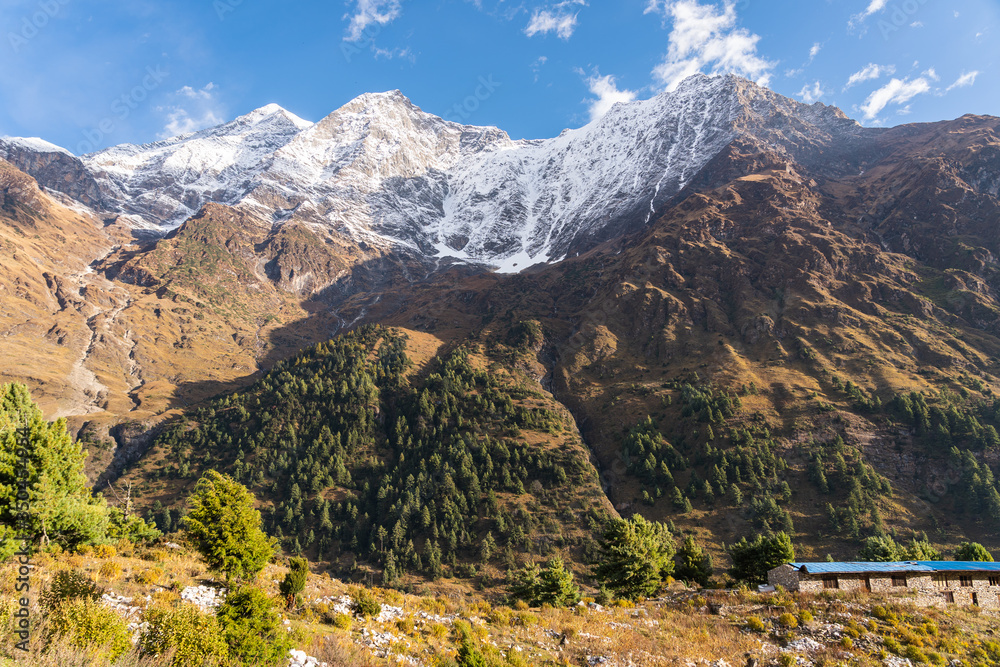 Fototapeta premium Beautiful landscape of Himalaya mountains in Lho village, Manaslu circuit trekking route, Nepal