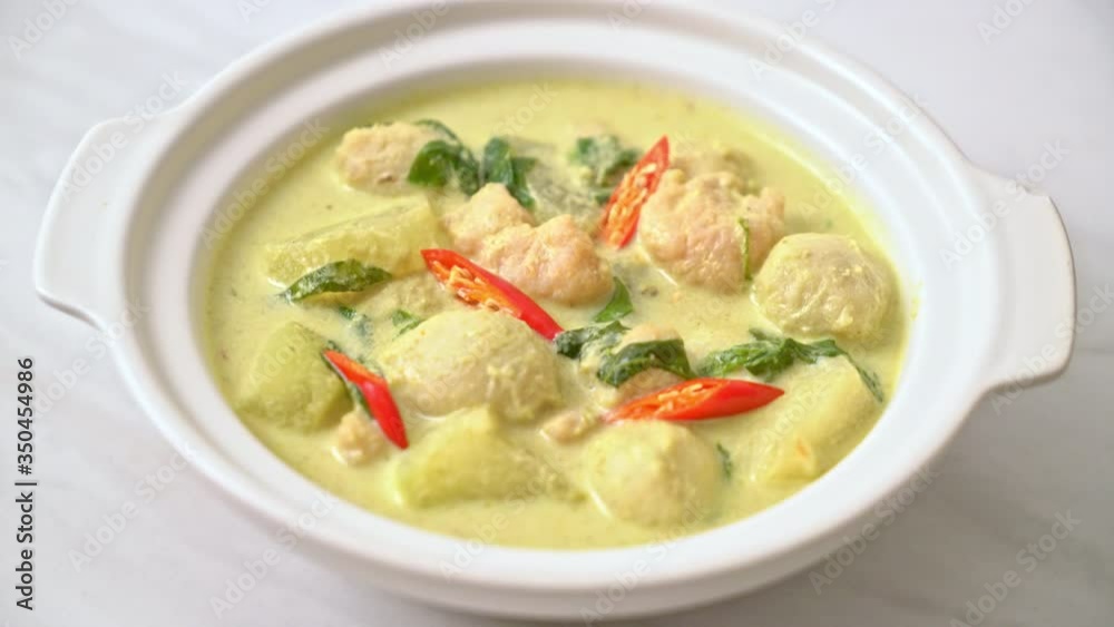 green curry soup with minced pork and meatball - Asian food style green curry soup with minced pork and meatball - Asian food style