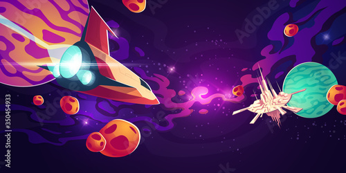 Fototapeta Naklejka Na Ścianę i Meble -  Spaceship in outer space with planets in starry sky with nebula and flying galaxy city or station with high towers. Cosmos, universe futuristic fantasy view for pc game. Cartoon vector illustration
