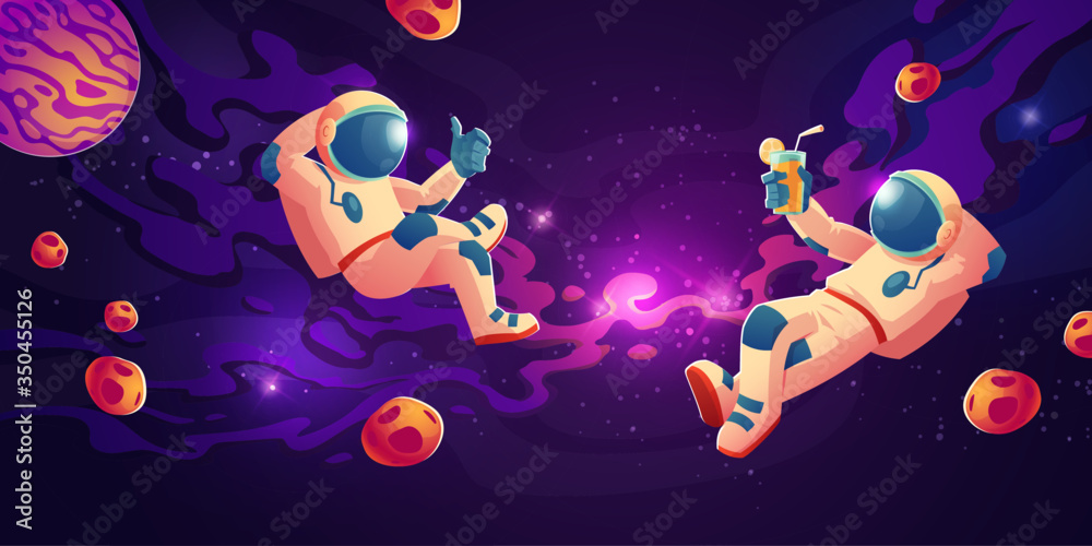 Astronauts in weightlessness drinking juice, show thumb up. Cosmonauts in  zero gravity among planets, nebula and asteroids flying for fun and  exploring outer cosmic space, Cartoon vector illustration. Stock Vector |  Adobe