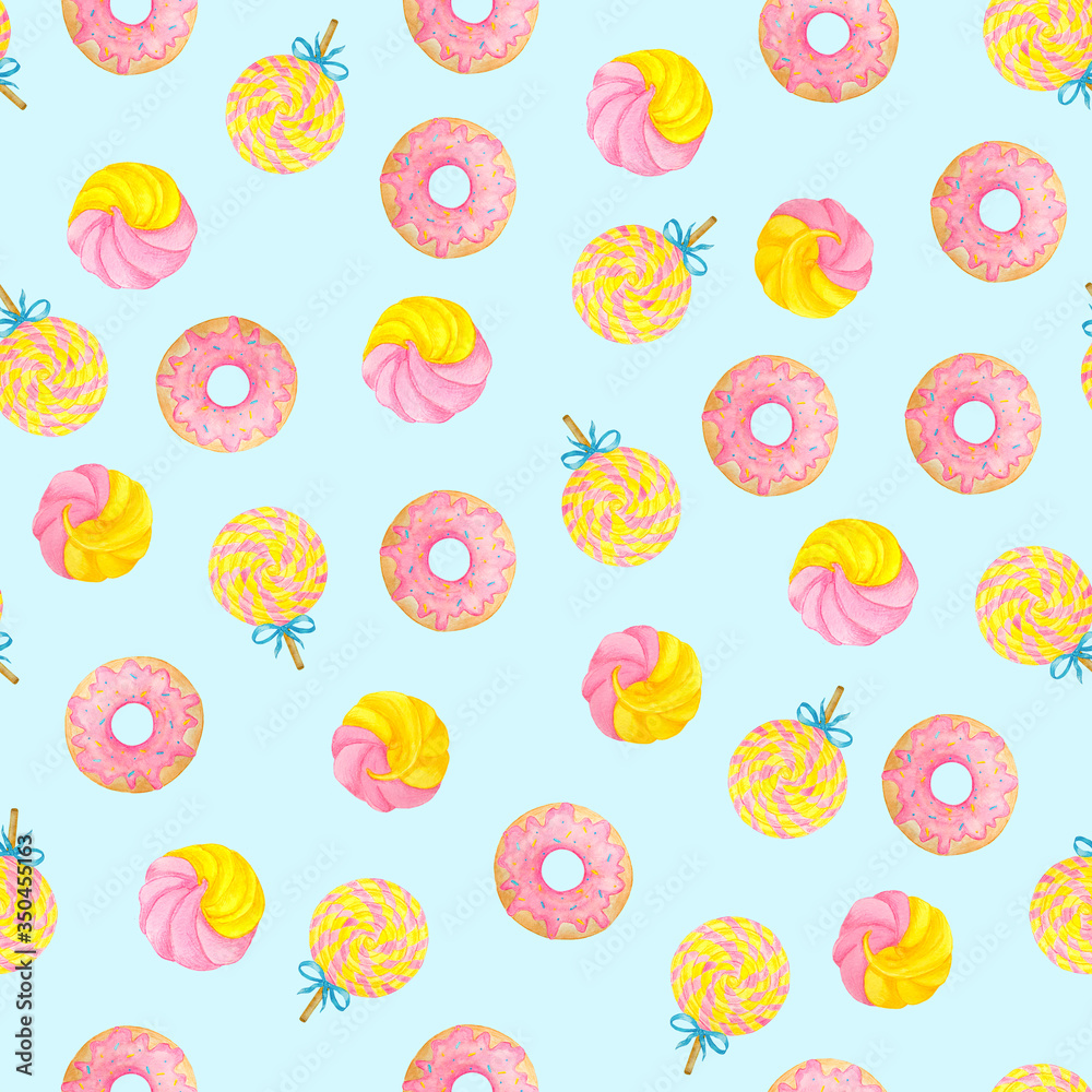 Seamless pattern of pink donuts and yellow marshmallows for printing on fabric, banners, wrapping paper, packages. Children's illustration on a blue background Seamless pattern of pink donuts and yellow marshmallows for printing on fabric, banners, wrapping paper, packages. Children's illustration on a blue background