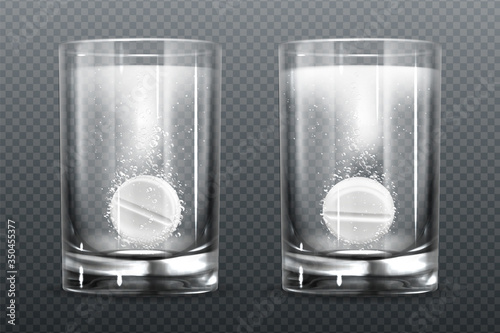 Effervescent pills with fizz bubbles in water glass. Aspirin tablets, soluble vitamin or headache pharmaceutical remedy capsules, isolated on transparent background. Realistic 3d vector illustration