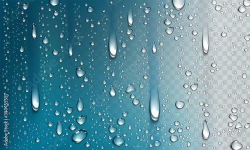 Water droplets on glass surface isolated on transparent background. Vector realistic illustration of condensation of steam in shower or fog on window, fall clear aqua drops from dew or rain