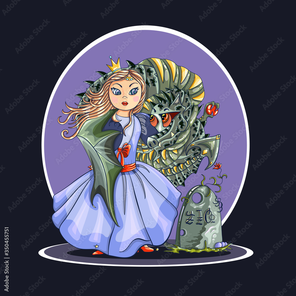 Princess, dragon and magic stone. Fairy tale. Fantasy illustration. Print. Vector illustration Princess, dragon and magic stone. Fairy tale. Fantasy illustration. Print. Vector illustration