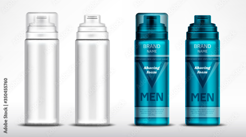 Men shaving foam bottles mockup, blank cosmetics tubes with closed and open cap, flasks with brand design isolated on white background. Body care cosmetic product, realistic 3d vector illustration set Men shaving foam bottles mockup, blank cosmetics tubes with closed and open cap, flasks with brand design isolated on white background. Body care cosmetic product, realistic 3d vector illustration set
